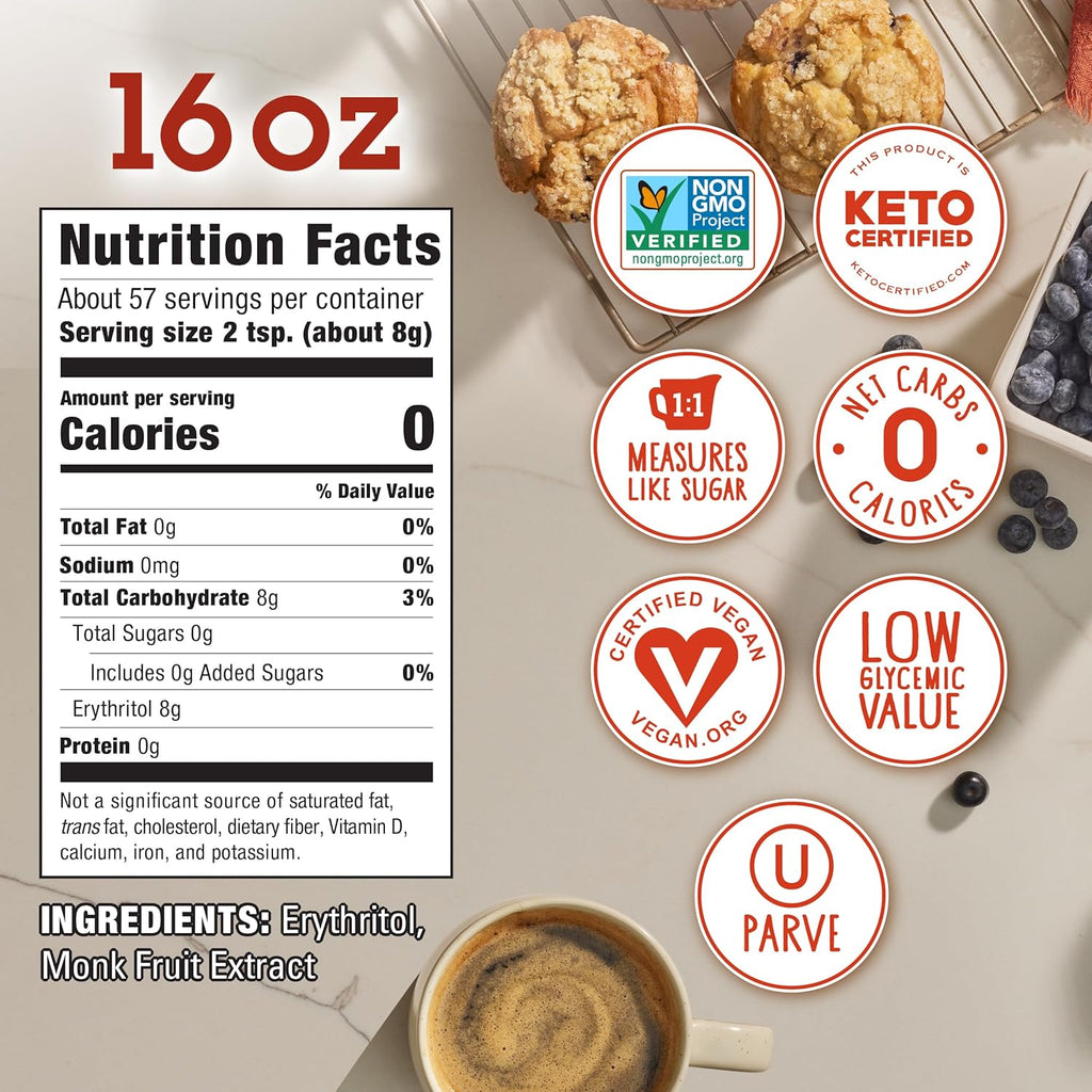 Monk Fruit In The Raw Sweetener Baker's Bag, 16 oz., Keto Certified Monk Fruit Sweetener, Zero Calories, Zero Net Carbs, Non-GMO Project Verified