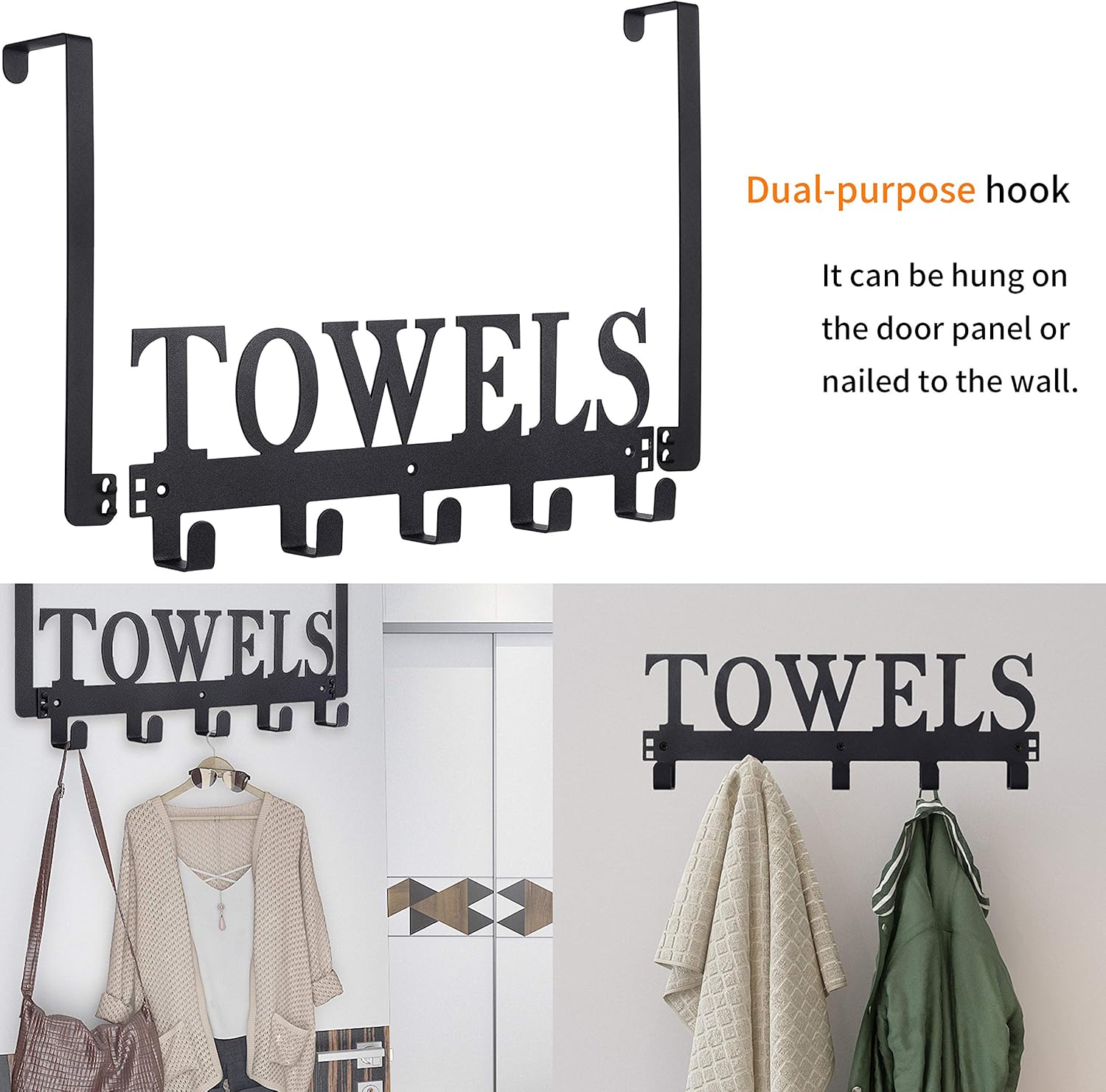Over The Door Hooks, Towel Holder for Bathroom, Door Mount Towel Rack Towel Hooks for Bedroom Beach Towels Bathrobe Wall Mount Hang on The Door Cabinet Cupboard Metal Sandblasted (Black)