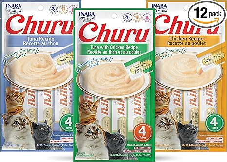 INABA Churu Lickable Purée Natural Cat Treats Tuna & Chicken 3 Flavor Assortment of 12 Tubes