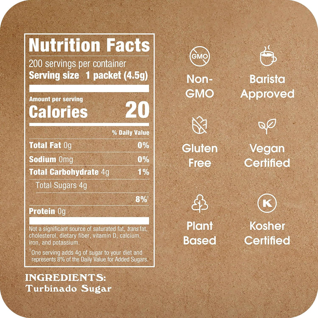 In The Raw Turbinado Cane Sugar Packets, 200 Ct Box, 1 Pack, Pure, All-Natural Turbinado Sugar, Non-GMO Project Verified, Kosher, Vegan and Gluten Free