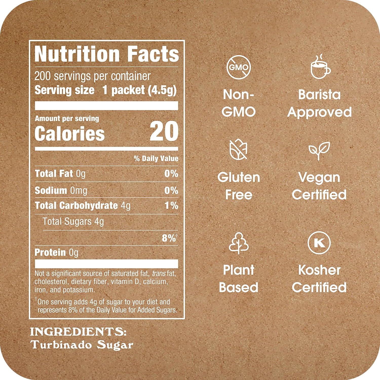 In The Raw Turbinado Cane Sugar Packets, 200 Ct Box, 1 Pack, Pure, All-Natural Turbinado Sugar, Non-GMO Project Verified, Kosher, Vegan and Gluten Free