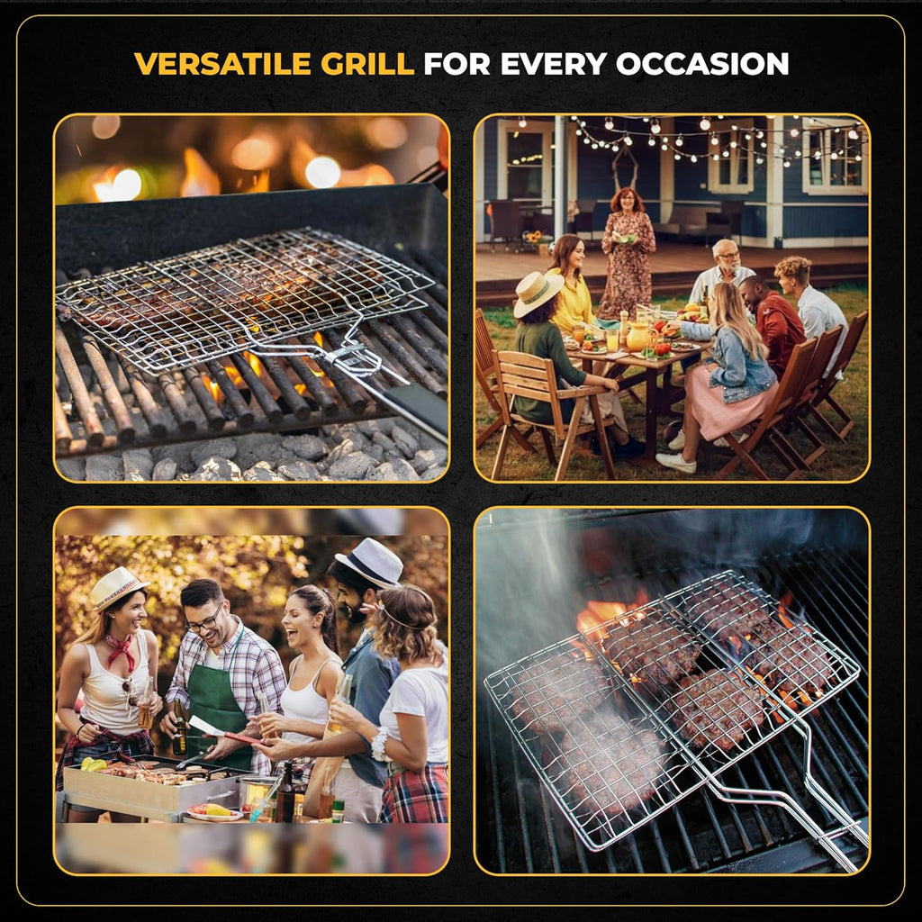 Fish Grill Baskets for Outdoor Grill Vegetables, Fish Grilling rack for Grill, BBQ Grilling Basket, Stainless steel Grill Basket for Veggies, shrimp Includes 50 skewers, Silicon Brush, and Carry Bag