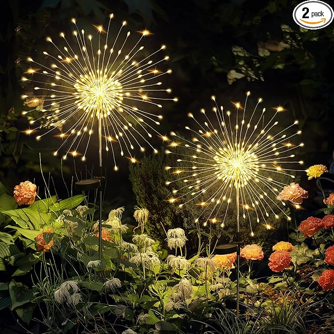 GIGALUMI Garden Decor Outdoor Lights 120LED 2Pack, Solar Garden Lights Outside Fairy Firework Decorative,Solar Powered for Yard Pathway Flowerbed Planter Balcony Patio 4th of July Decor (Warm White