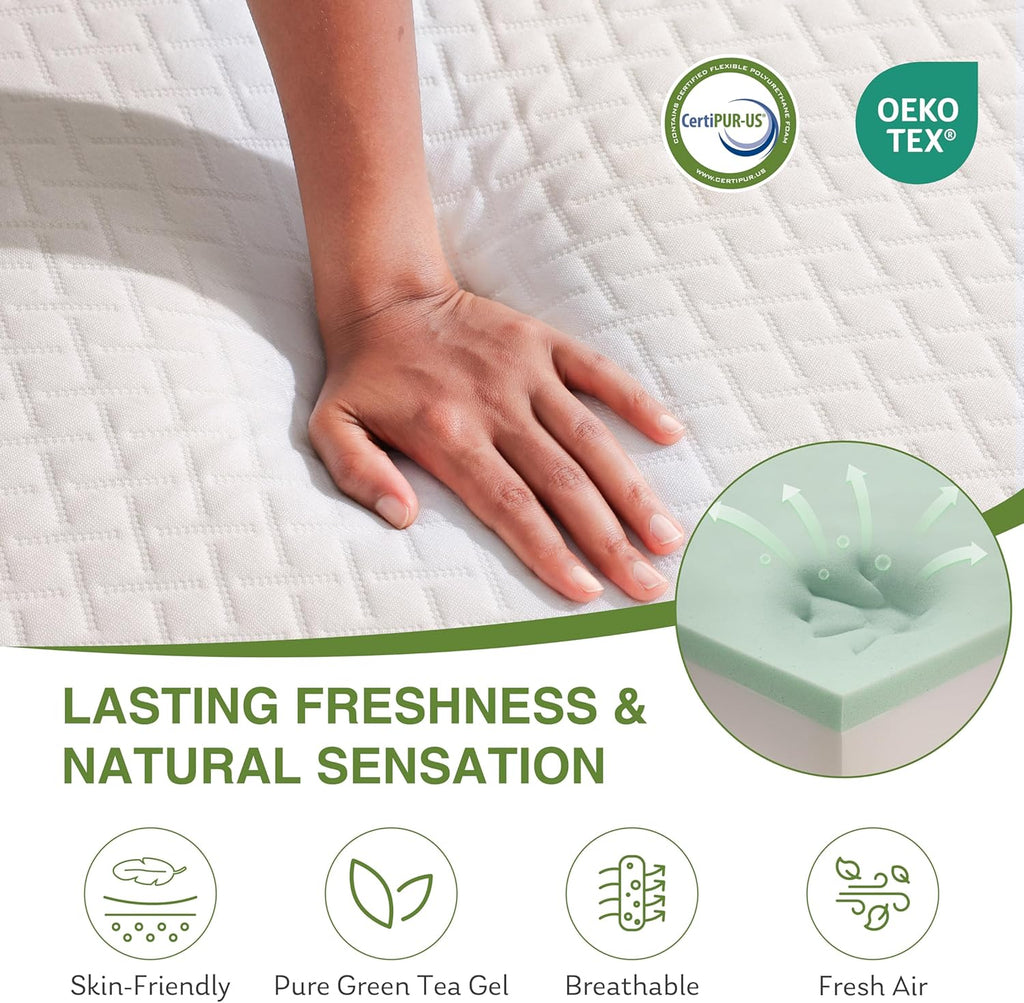 EGOHOME 10 Inch Queen Mattress, Memory Foam Mattress in a Box with Cooling Green Tea Gel, Relieve Pressure with Medium Support, CertiPUR-US Certified, 80''L x 60''W, White