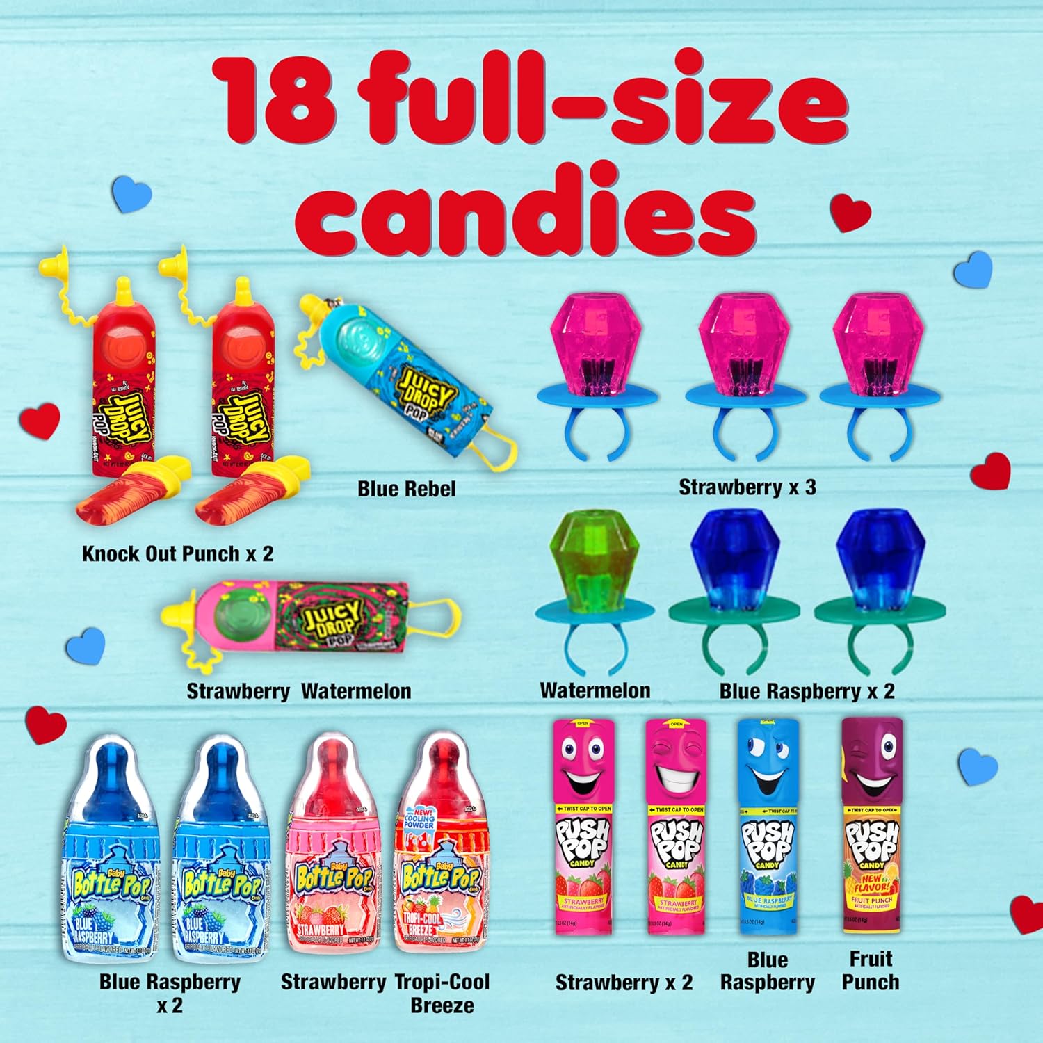 Candy Variety Pack, 18Ct Assorted Valentine's Candy Lollipops, Bulk Individually Wrapped Ring Pop, Push Pop, Baby Bottle Pop & Juicy Drop, Birthday Party Favors, Valentine's Gifts, Kids Goodie Bags