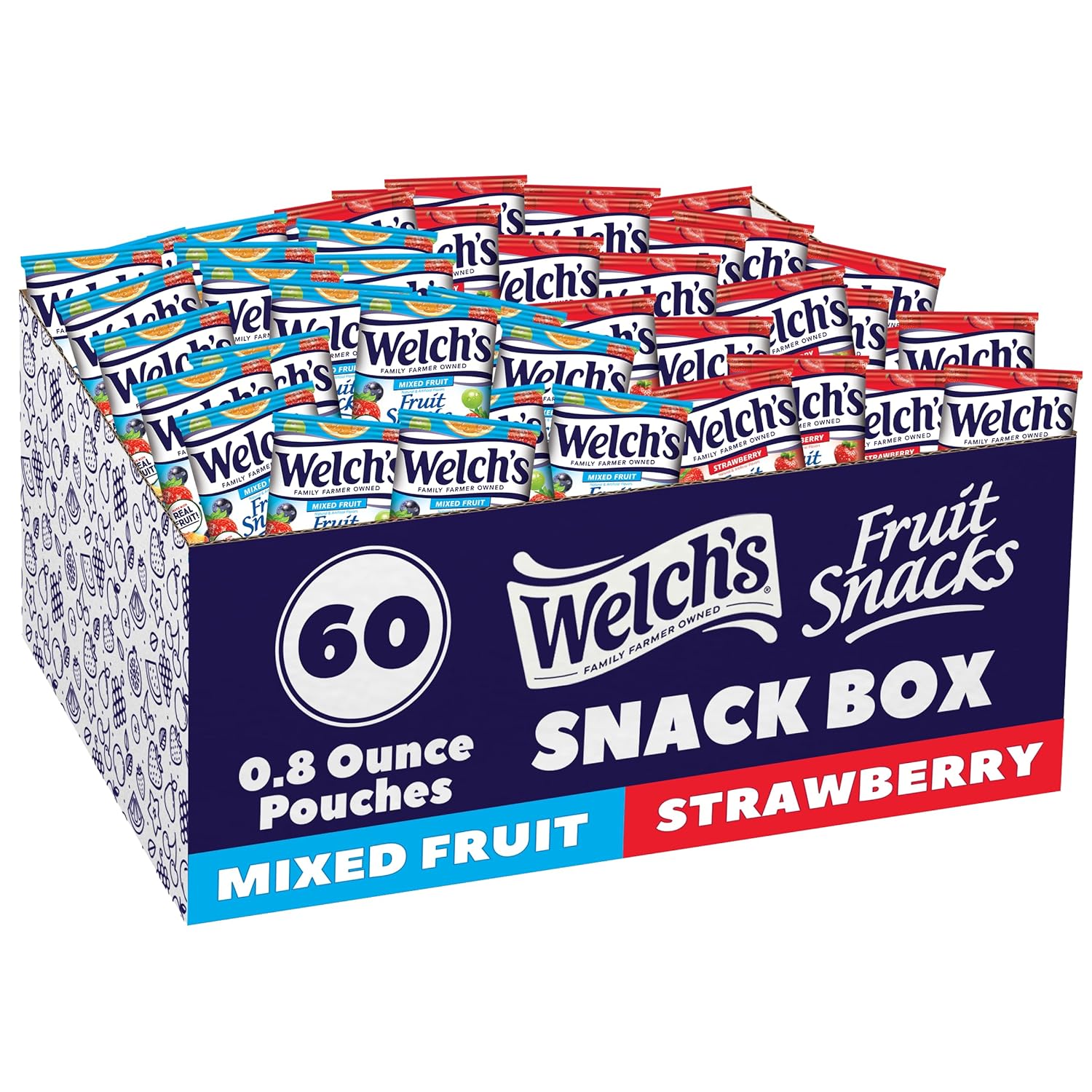 Welch's Fruit Snacks, Mixed Fruit & Strawberry Snack Box, Stocking Stuffers, 0.8oz Snack Packs (Pack of 60)