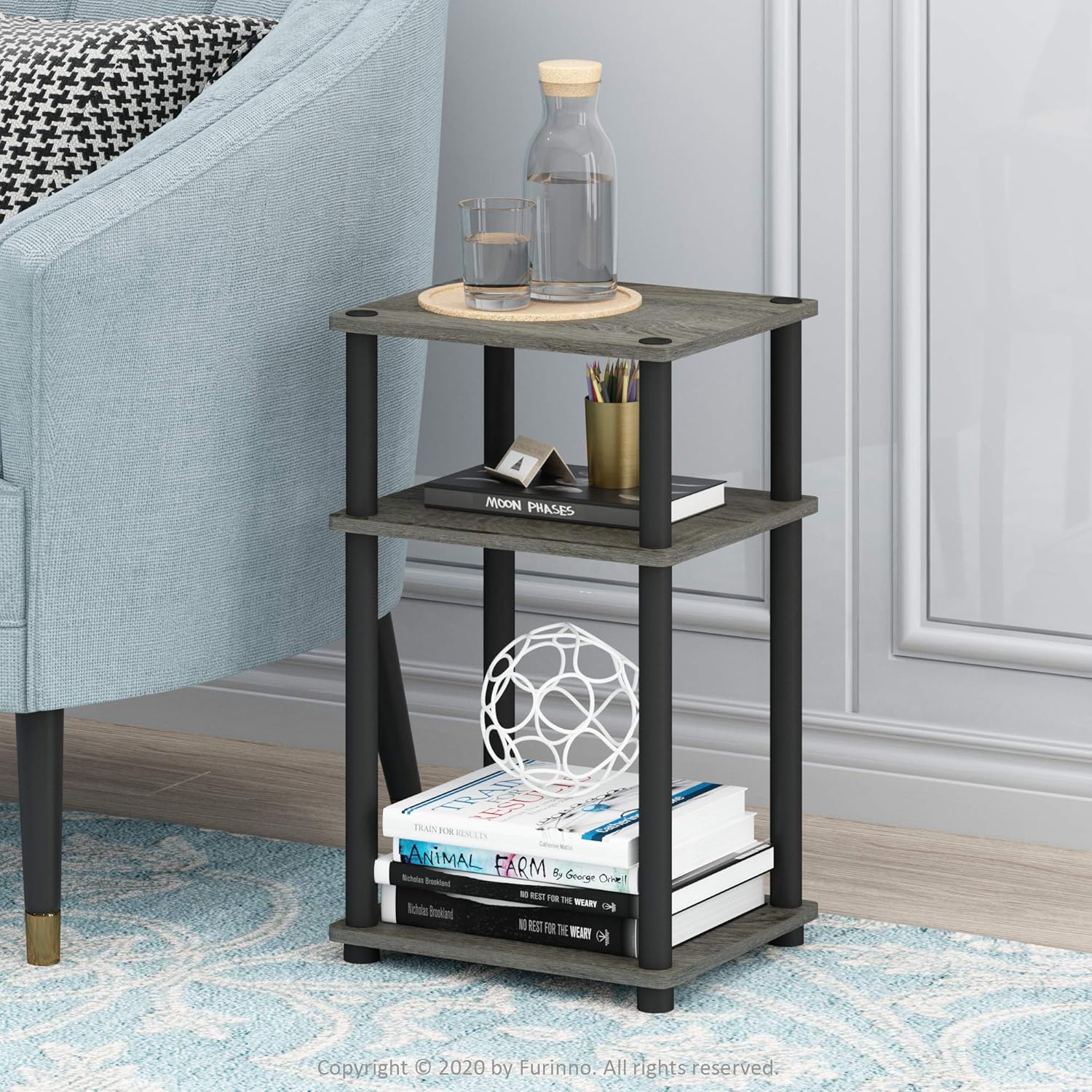 Furinno JUST Side Table, 3-Tier End Table, Open Shelves Night Stand, Bedside Table, Toolless Assembly, for Living Room, Bedroom, Bathroom, French Oak