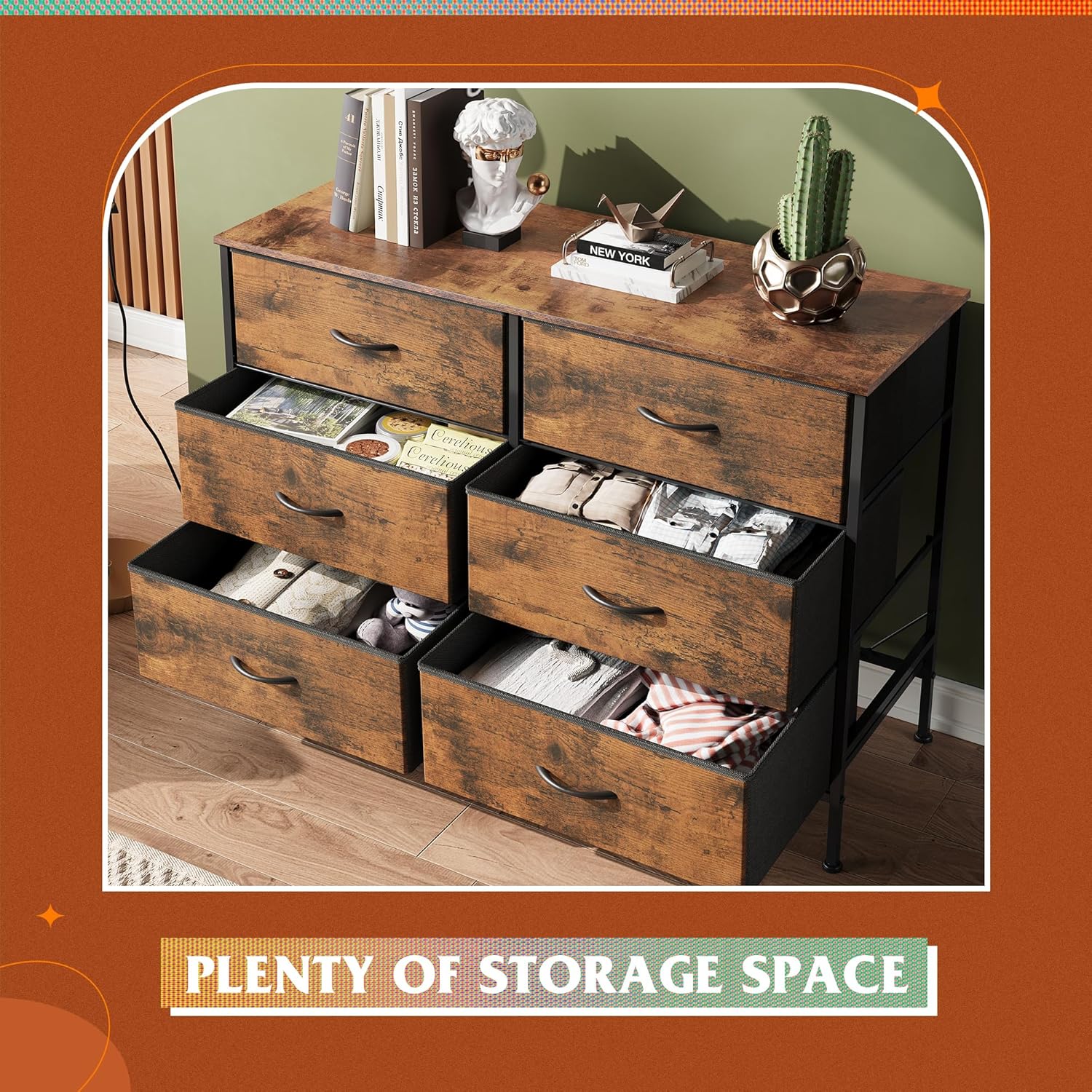 WLIVE Dresser for Bedroom with 6 Drawers, Wide Fabric Dresser TV Stand for 50 Inches TV, with Metal Frame, Wooden Top, Fabric Storage Dressers for Bedroom, Hallway, Entryway, Rustic Brown