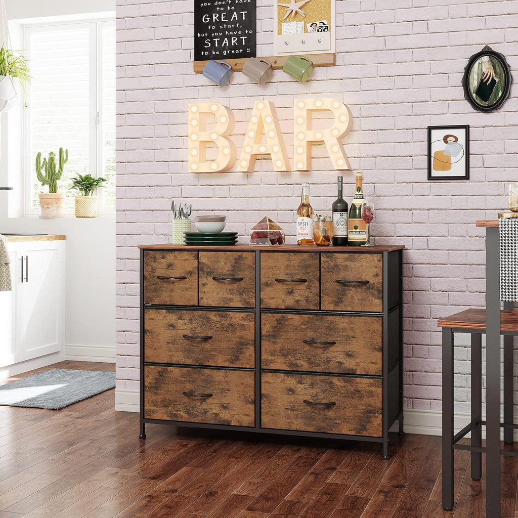 WLIVE Dresser for Bedroom with 8 Drawers, Wide Fabric Dresser for Storage and Organization, Bedroom Dressers, Chest of Drawers for Living Room, Closet, Entryway, Rustic Brown Wood Grain Print