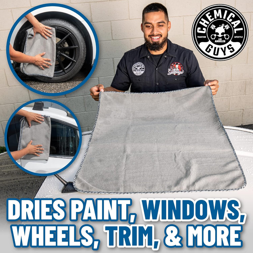 Chemical Guys Waffle Weave Gray Matter Microfiber Drying Towel - 25" x 36", 70/30 Blend Microfiber Towel with Silk Edging for Scratch-Free Car Drying, Ultra Absorbent and Safe for All Surfaces