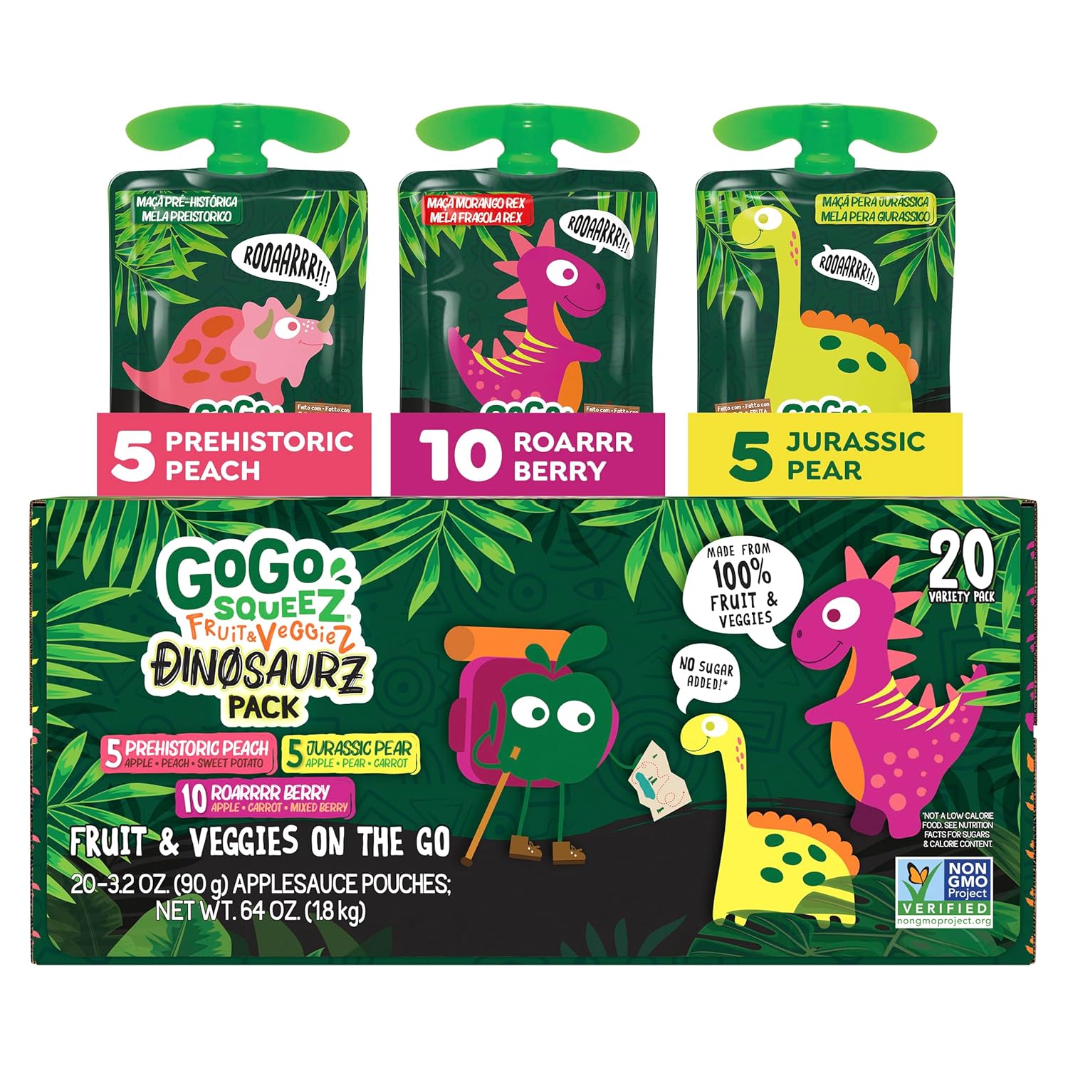 GoGo squeeZ Fruit & veggieZ Applesauce and Puree Variety Pack, Jurassic Pear, Roarrrr Berry & Prehistoric Peach, 3.2 oz (Pack of 20), Unsweetened Snacks for Kids, BPA Free Pouches