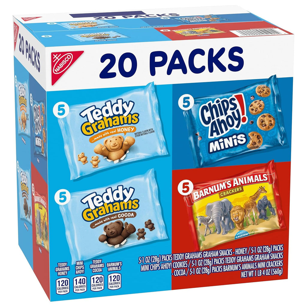 Nabisco Fun Shapes Variety Pack, Barnum's Animal Crackers, Teddy Grahams and CHIPS AHOY! Cookies, 20 Snack Packs