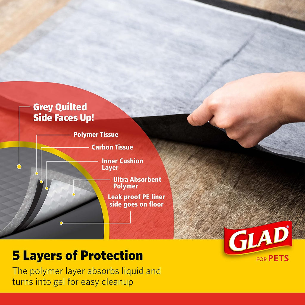 Glad for Pets Black Charcoal Puppy Pads, 23"x23" Disposable Pee Pad That Absorbs & Neutralizes Urine Instantly, Activated Carbon Training Pads For Dogs, Potty Training Supplies - 100 Count
