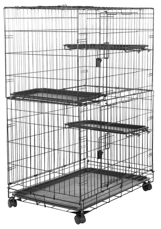 Basics Large 3-Tier Cat Cage Playpen with Easy to Clean Removable Tray, Front Doors, Portable, Foldable, 35.8" x 22.4" x 50.6", Black