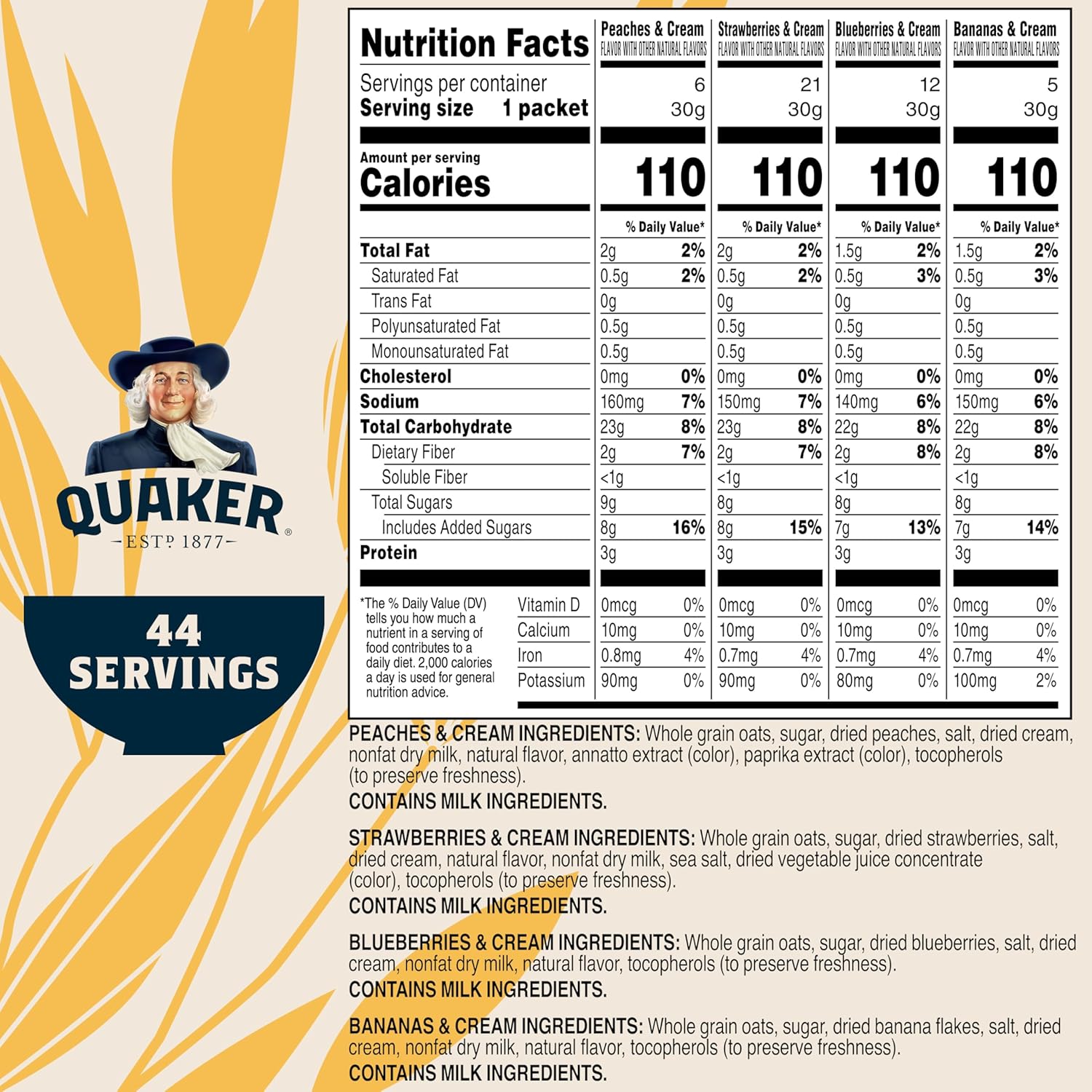 Quaker Instant Oatmeal Fruit & Cream Variety Pack, Single Serve Packets, (44 Pack)