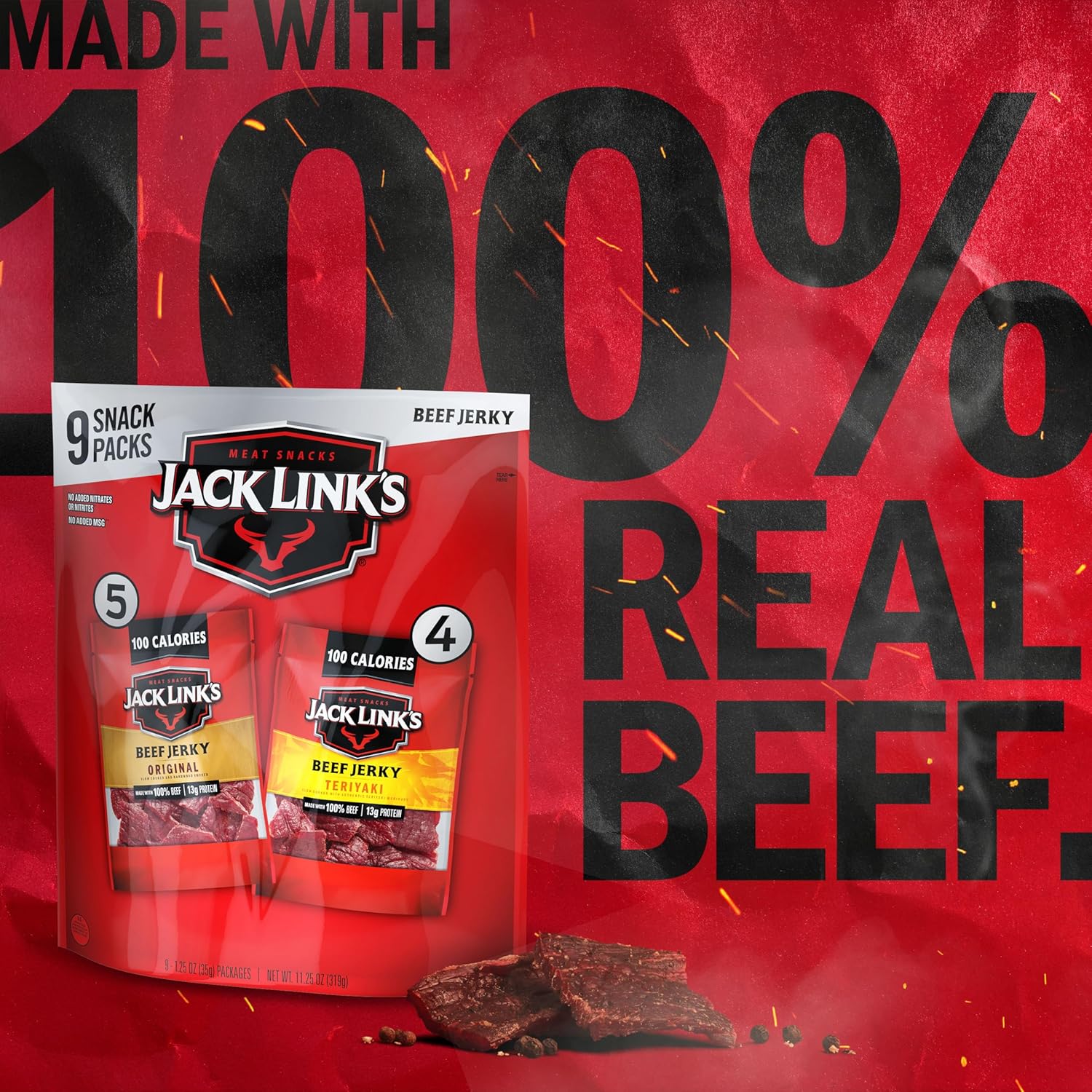 Jack Link's Beef Jerky Variety Pack - Original and Teriyaki - (9 Pack) 1.25 oz Bag - Ready to Eat Protein Snacks - 13g Protein per Serving - Made with 100% Real Beef
