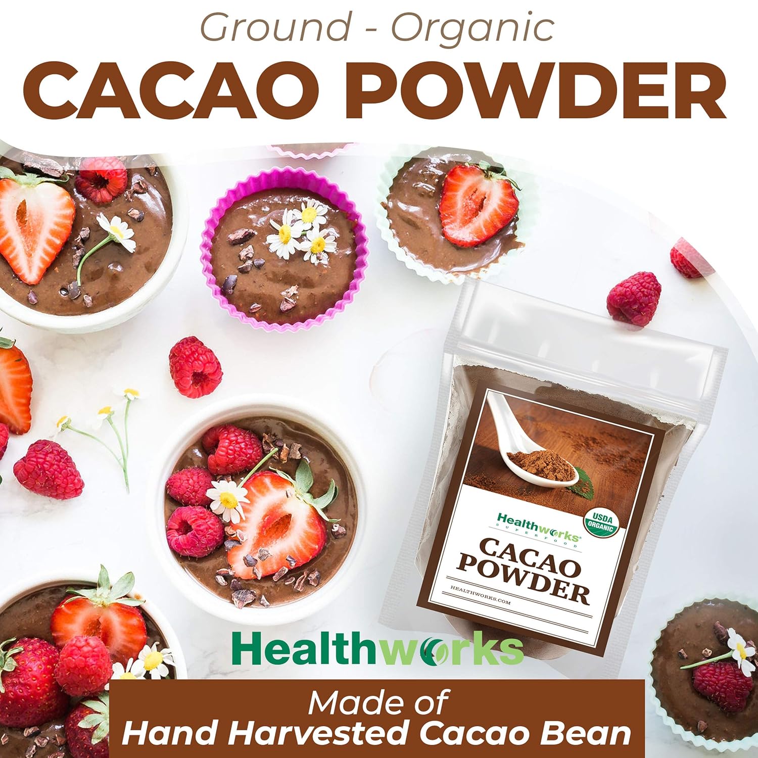 Healthworks Superfoods Organic Cacao Powder - 16 Oz / 1 Lb - Cocoa Chocolate Substitute - Rich Chocolate Flavour - Sugar-Free, Keto, Vegan & Non-GMO - Peruvian Bean/Nut Origin - Antioxidant Superfood