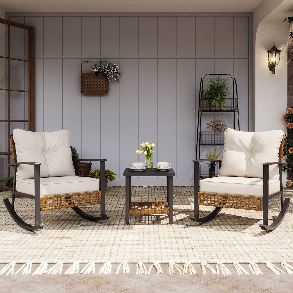 3-Piece Rocking Bistro Set, Outdoor Patio Furniture with Thick Cushions and 2-Tier Coffee Table, Oversize Rattan Conversation Set for Garden, Balcony, Backyard (Beige)