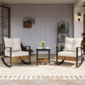 3-Piece Rocking Bistro Set, Outdoor Patio Furniture with Thick Cushions and 2-Tier Coffee Table, Oversize Rattan Conversation Set for Garden, Balcony, Backyard (Beige)