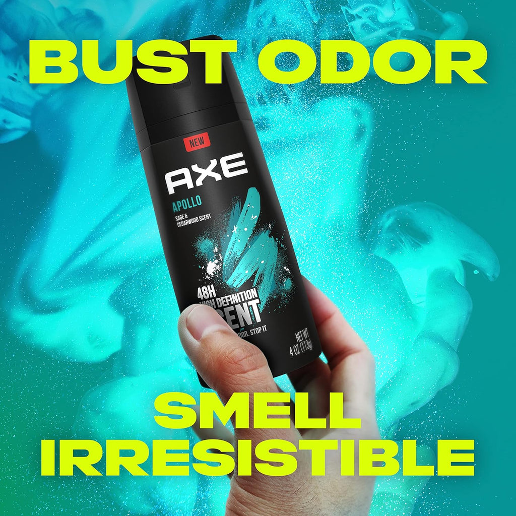 AXE Apollo Body Spray Deodorant for Long-Lasting Odor Protection, Sage & Cedarwood Deodorant for Men Formulated Without Aluminum 4 Ounce (Pack of 4)