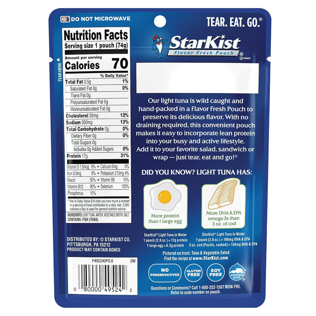 StarKist Chunk Light Tuna in Water, 2.6 oz Pouch (12 Pack) Ready to Eat Wild Caught Tuna, 17g Protein, 70 Calories Per Serving, Gluten Free, Soy Free, Kosher, Perfect for Salads, Keto Meals and Snacks