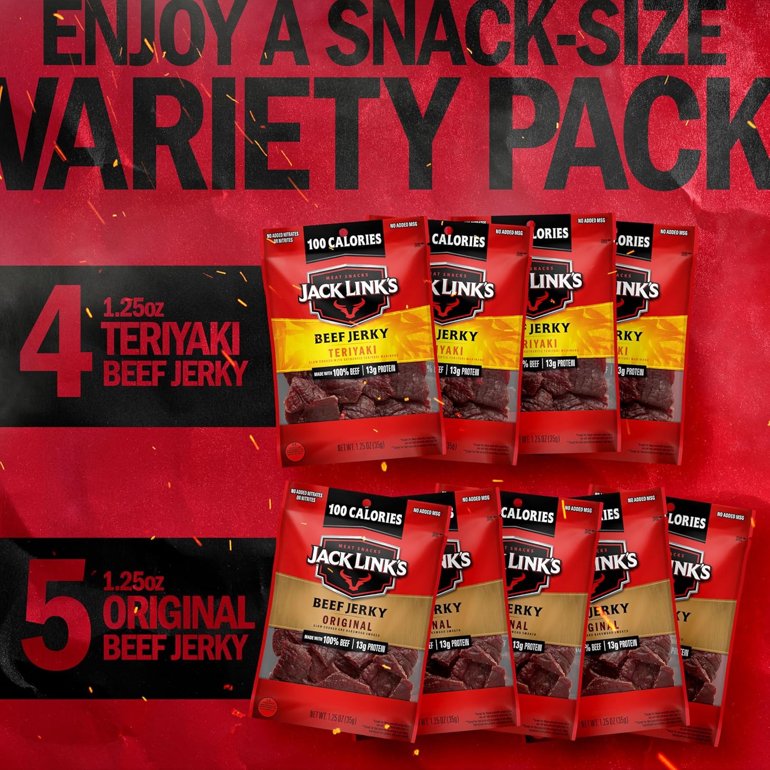 Jack Link's Beef Jerky Variety Pack - Original and Teriyaki - (9 Pack) 1.25 oz Bag - Ready to Eat Protein Snacks - 13g Protein per Serving - Made with 100% Real Beef