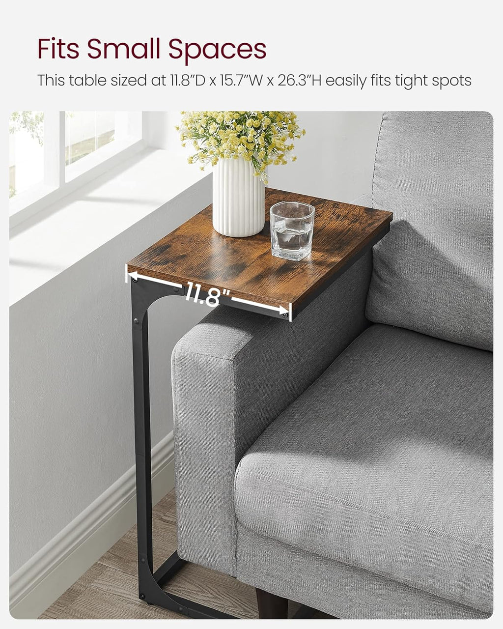 VASAGLE C-Shaped End Table, Side Table for Sofa, Couch Table with Metal Frame, Small TV Tray Table for Living Room, Bedroom, Rustic Brown and Black