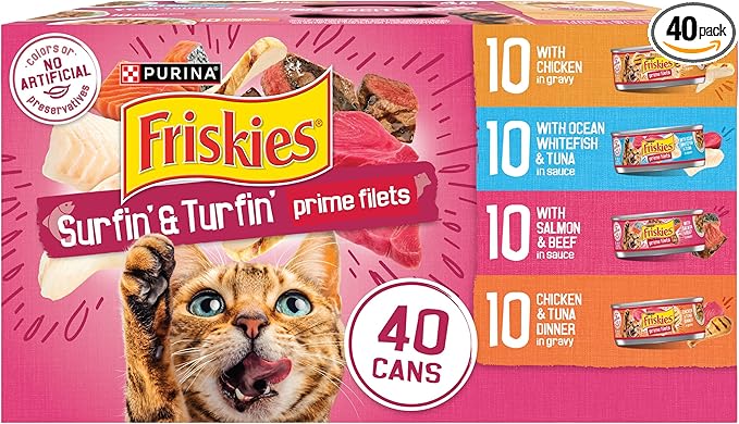 Purina Friskies Gravy Wet Cat Food Variety Pack, Surfin’ and Turfin’  Filets Favorites - (Pack of 40) 5.5 oz. Cans