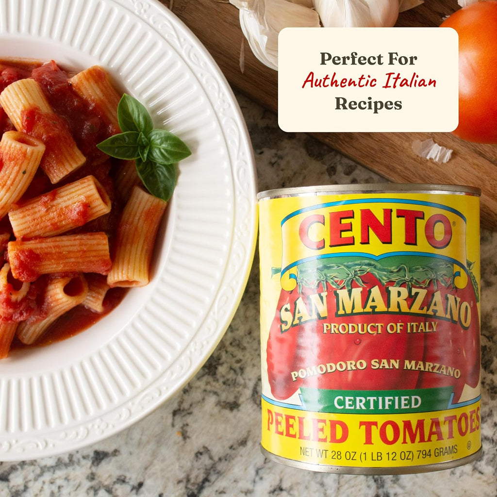 Cento Certified San Marzano Whole Peeled Tomatoes, 28 Oz (Pack of 6), Canned Plum Tomatoes in Thick Puree with Basil, Grown and Processed in Italy