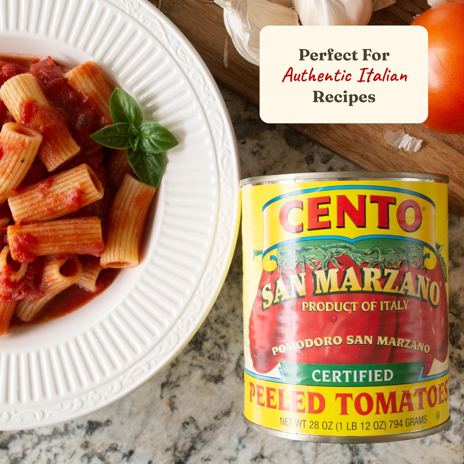 Cento Certified San Marzano Whole Peeled Tomatoes, 28 Oz (Pack of 6), Canned Plum Tomatoes in Thick Puree with Basil, Grown and Processed in Italy