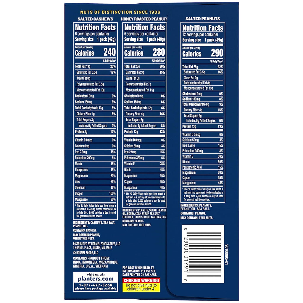PLANTERS Variety Pack, Salted Cashews, Salted Peanuts & Honey Roasted Peanuts, On-the-Go Nut Snacks, Individually Packed Snacks, Mixed Nuts, Kosher, (36 Count)