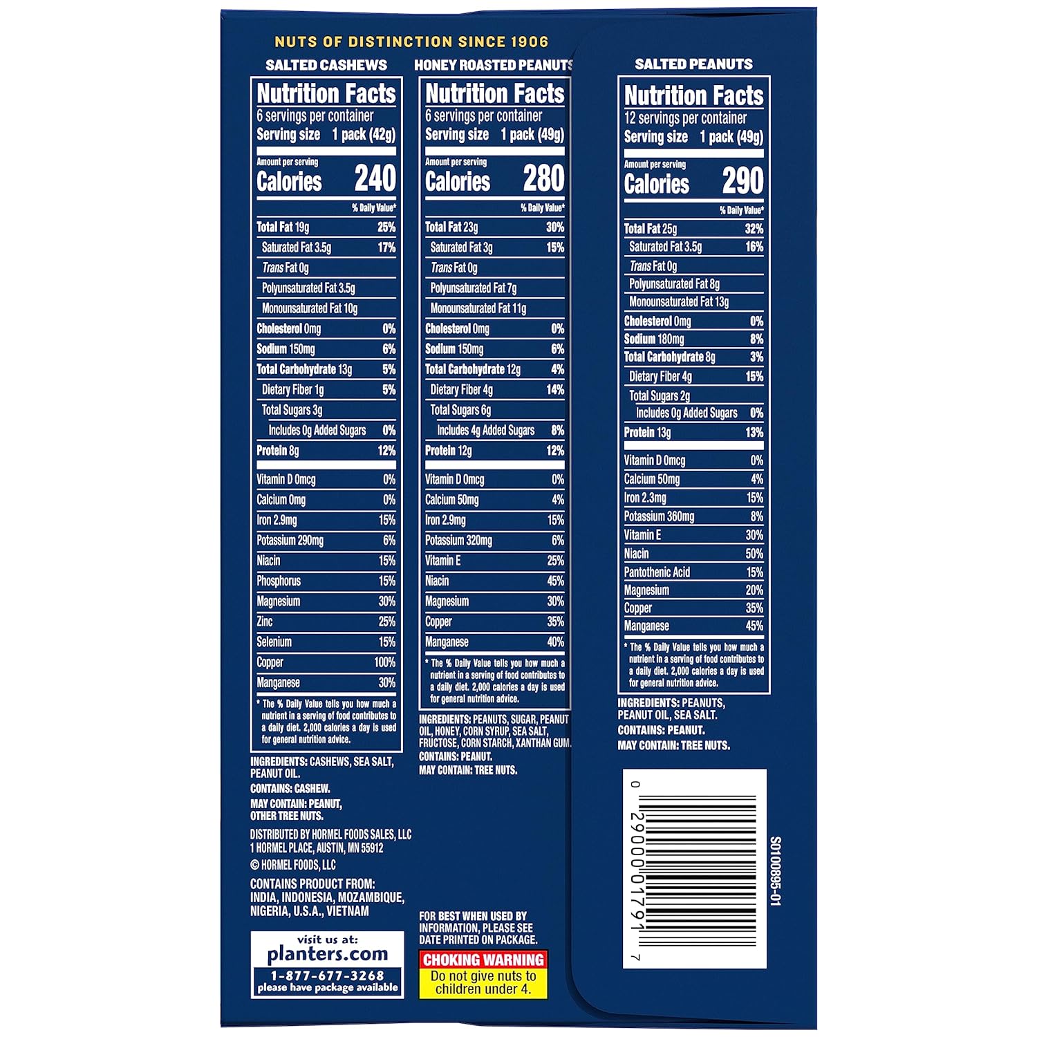 PLANTERS Variety Pack, Salted Cashews, Salted Peanuts & Honey Roasted Peanuts, On-the-Go Nut Snacks, Individually Packed Snacks, Mixed Nuts, Kosher, (36 Count)