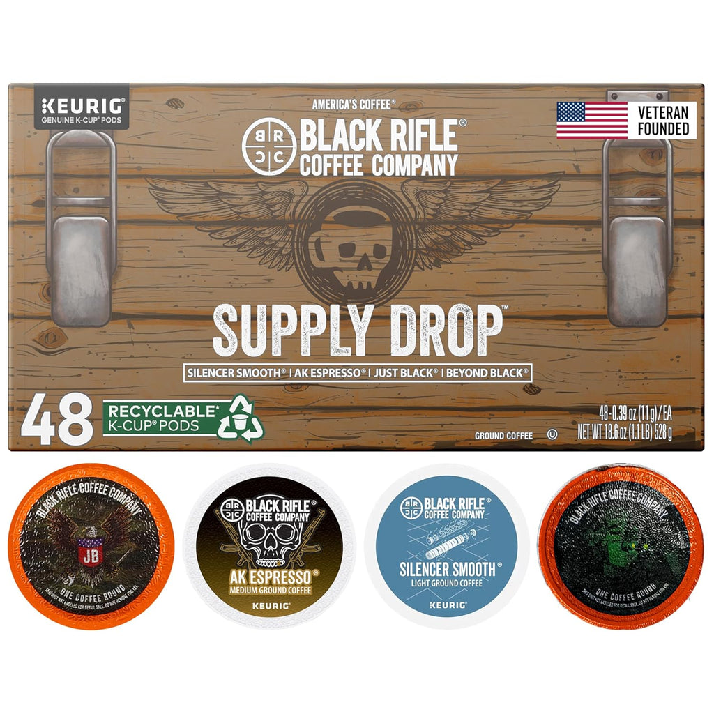 Black Rifle Coffee Company Supply Drop Variety Pack (48 Count of K Cups) - Silencer Smooth, AK Espresso, Just Black, & BeyondBlack KCup Pods - K Cups Coffee Variety Pack