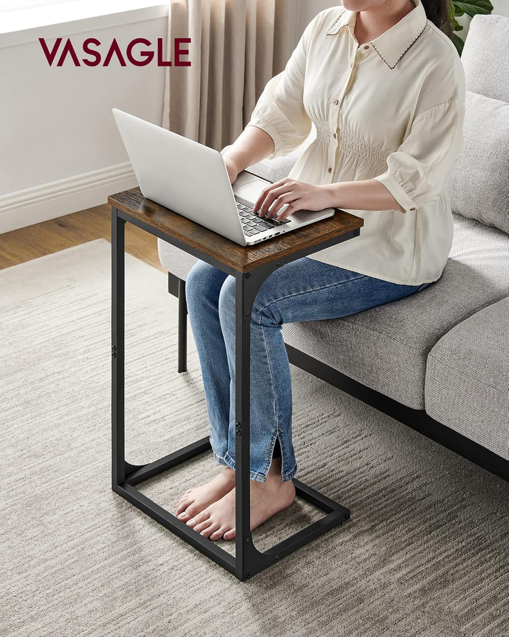 VASAGLE C-Shaped End Table, Side Table for Sofa, Couch Table with Metal Frame, Small TV Tray Table for Living Room, Bedroom, Rustic Brown and Black
