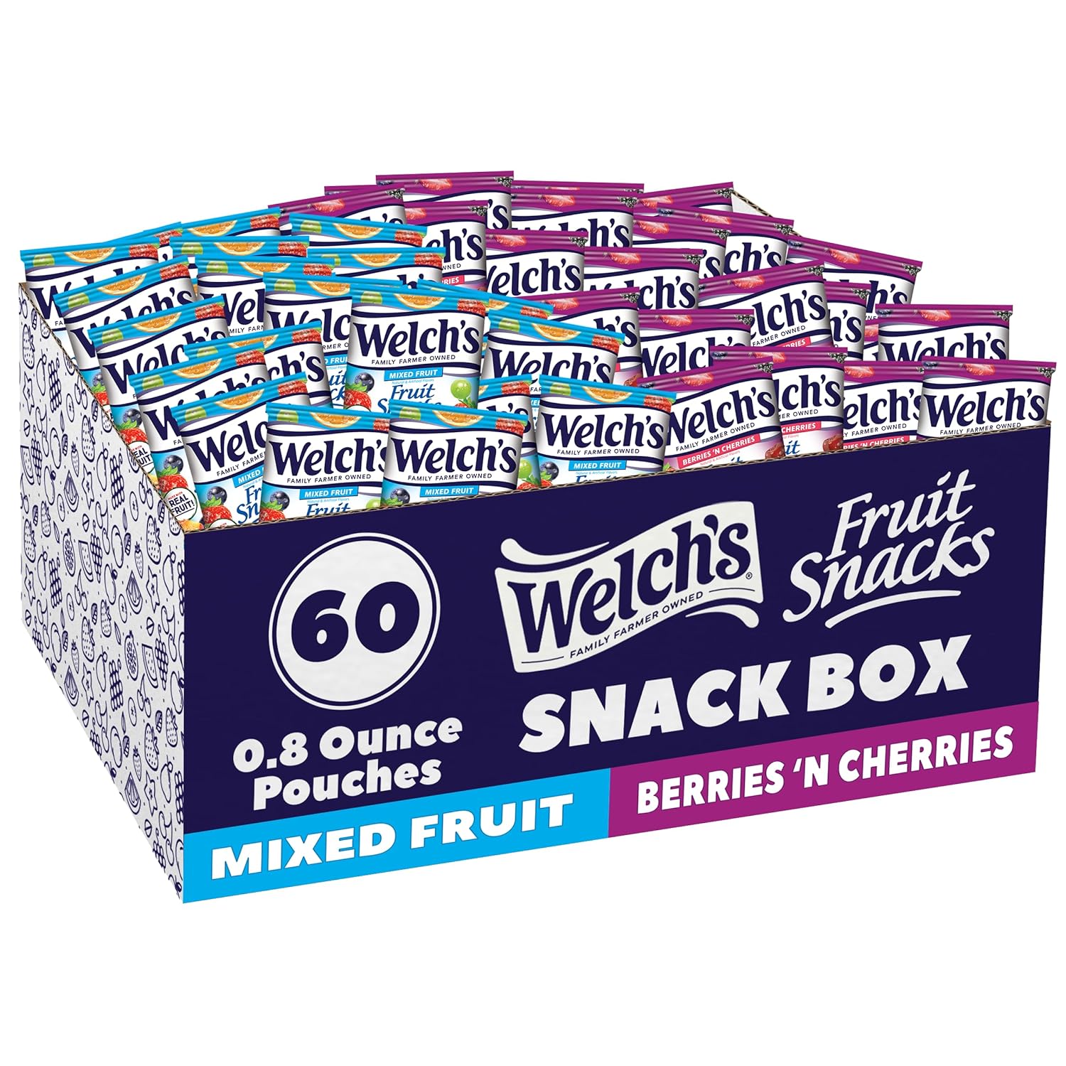 Welch's Fruit Snacks, Mixed Fruit & Berries 'N Cherries Variety Pack, Great for School Lunches, Bulk Pack, Individual Single Serve Bags, 0.8 oz (Pack of 60)