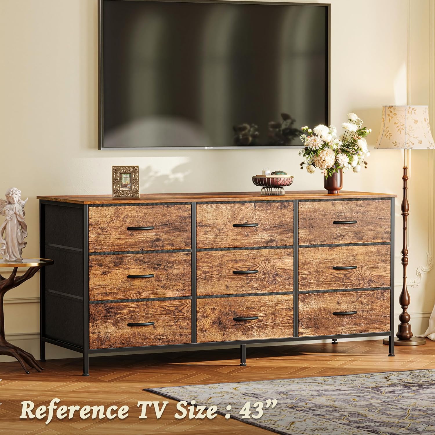 Huuger 9 Drawer Dresser, 47 Inch Dresser TV Stand for 50, 55 Inch TV, Entertainment Center with Drawers, for Bedroom, Closet, Rustic Brown