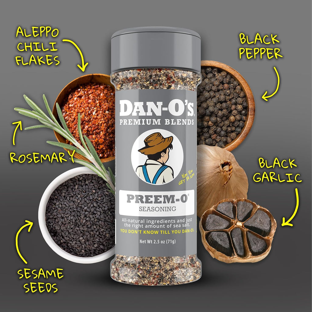 Dan-O's Preem-O Seasoning, 2.5 oz Bottle, Meat Seasoning for Steak, Ribs, Chicken, Brisket and More, Sugar Free, Zero Calorie, Use this Spice Blend to Craft a Marinade, Dry Rub or Sauce