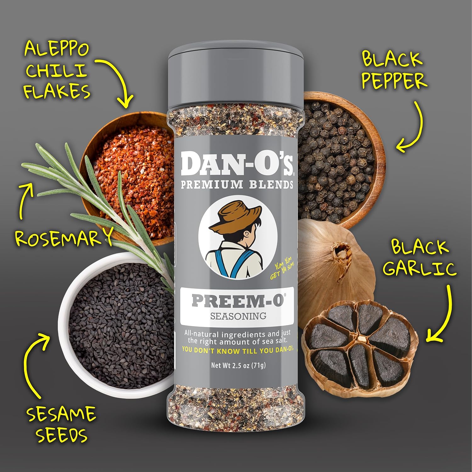 Dan-O's Preem-O Seasoning, 2.5 oz Bottle, Meat Seasoning for Steak, Ribs, Chicken, Brisket and More, Sugar Free, Zero Calorie, Use this Spice Blend to Craft a Marinade, Dry Rub or Sauce