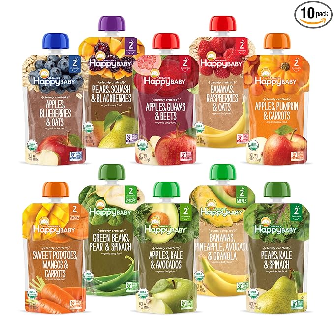 Happy Baby Organics Stage 2 Baby Food Pouches, Gluten Free, Vegan & Healthy Snack, Clearly Crafted Fruit & Veggie Puree, Fruit & Veggie Variety Pack, 4 Ounces (Pack of 10),  Exclusive