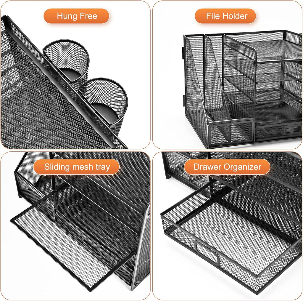 Marbrasse Desk Organizer with File Holder, 5-Tier Paper Letter Tray Organizer with Drawer and 2 Pen Holder, Mesh Desktop Organizer and Storage with Magazine Holder for Office Supplies(Black)