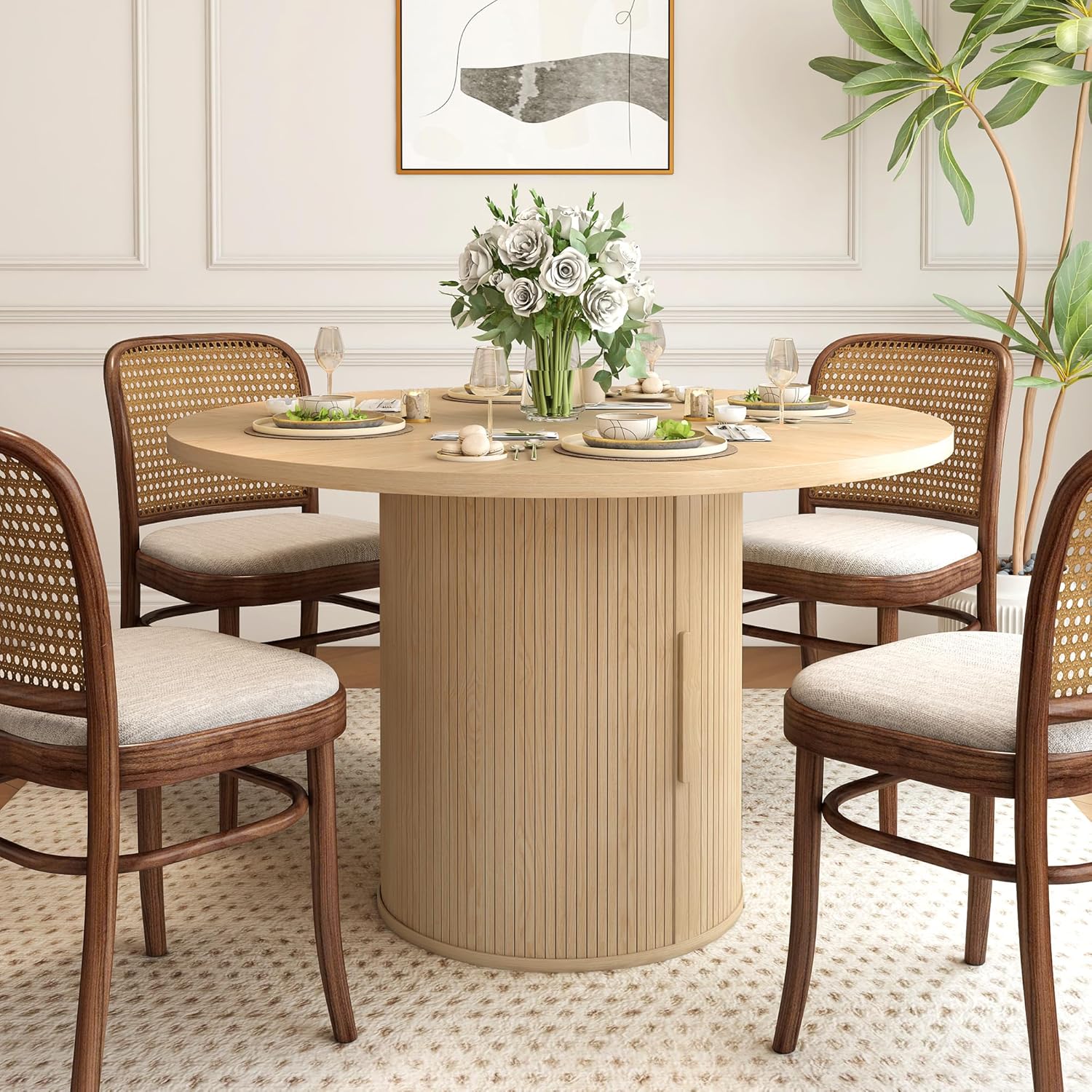 47 inch Round Dining Table for 4, Kitchen Table Dinner Table with 2-Layer Storage Shelf and Wood Slide Door for Home Dining Room Living Room (Natural)