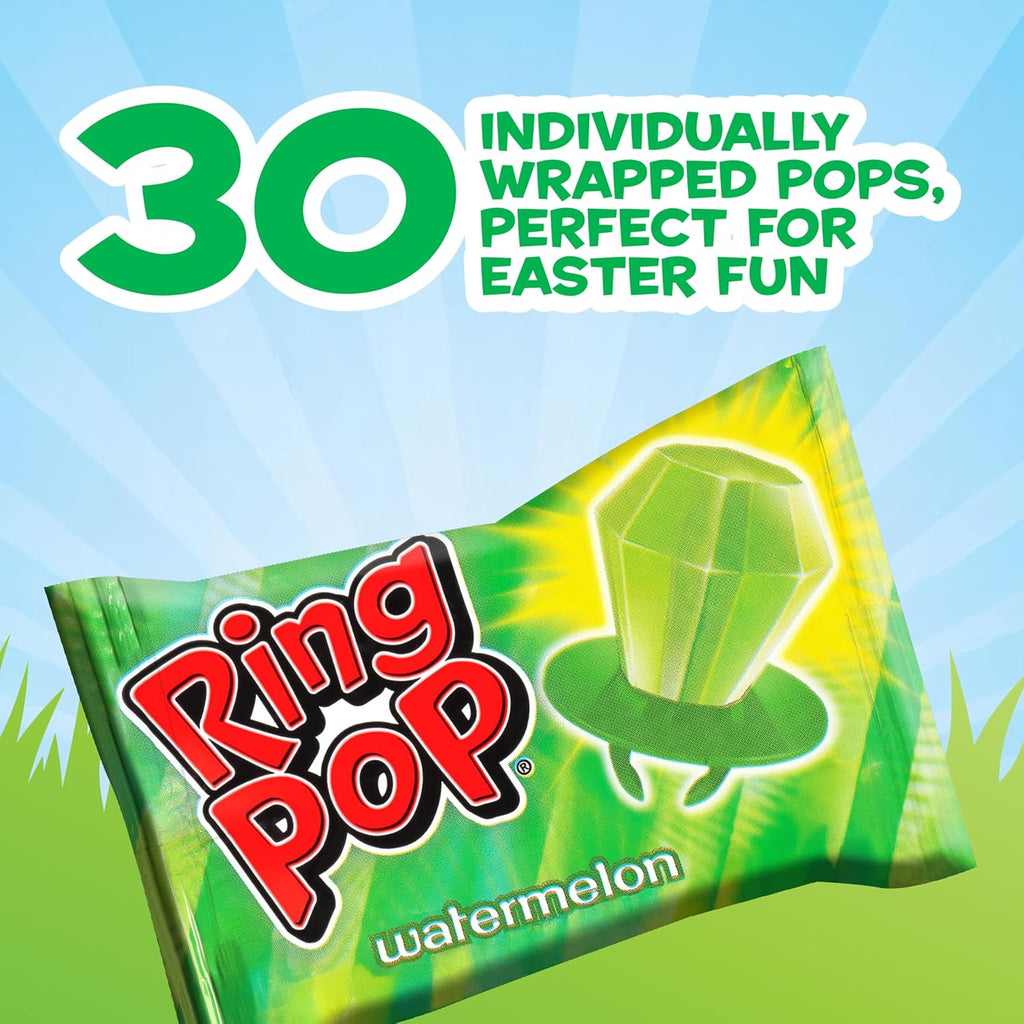 Ring Pop Green Easter Candy Lollipops, 30Ct Bulk Candy Individually Wrapped in Green Watermelon Flavor, Full Size, Fun St. Patrick’s Day Party Favors, Birthday Parties, Easter Basket Stuffers