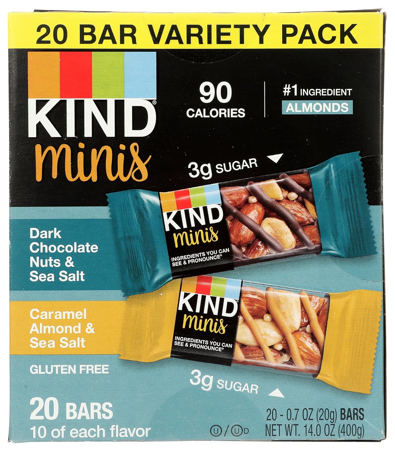 KIND Minis Snack Bars, Dark Chocolate Nuts & Sea Salt and Caramel Almond & Sea Salt, 3g Sugar, Gluten Free Bars, Variety Pack, 0.7 OZ, (20 Count)