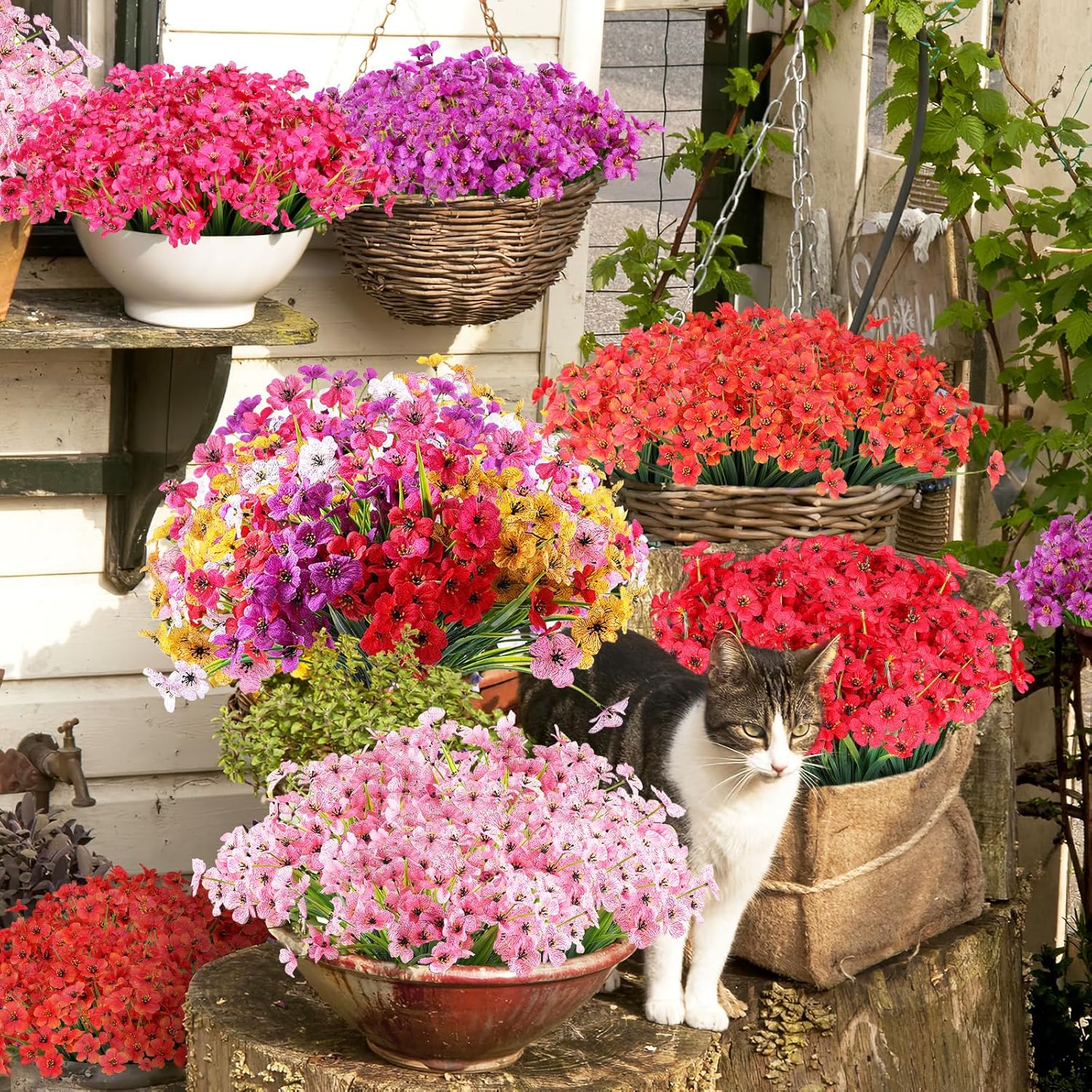 24 Bundles Artificial Flowers for Outdoor,No Fade Fake Plastic Flowers Faux Plants for Decoration Hanging Planters Indoor Outside Garden Porch Window Box Home Wedding Farmhouse - Cart Shape