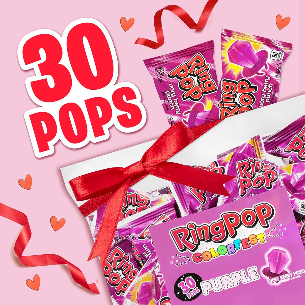 Ring Pop Purple Easter Candy Lollipops, 30Ct Bulk Individually Wrapped in Very Berry Punch Flavor, Full Size, Fun Hard Candy For Birthday Parties, Easter Basket Stuffers, Egg Fillers, Party Favors