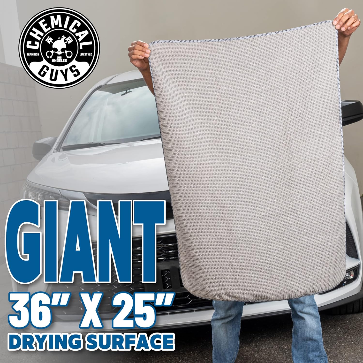 Chemical Guys Waffle Weave Gray Matter Microfiber Drying Towel - 25" x 36", 70/30 Blend Microfiber Towel with Silk Edging for Scratch-Free Car Drying, Ultra Absorbent and Safe for All Surfaces