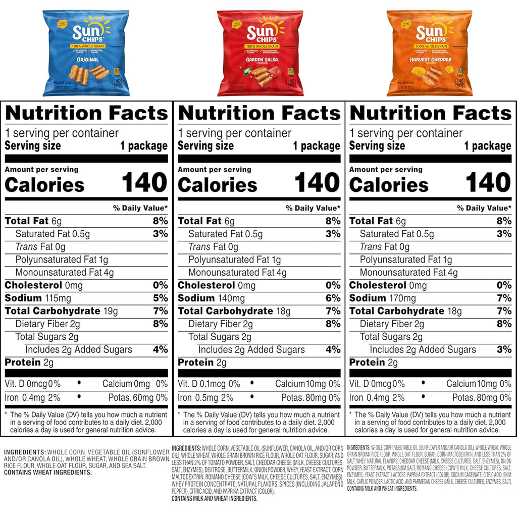 SunChips 100% Whole Grain Chips, Variety Pack, 1 oz Bags, Pack of 40, No Artificial Flavors, No Colors from Artificial Sources