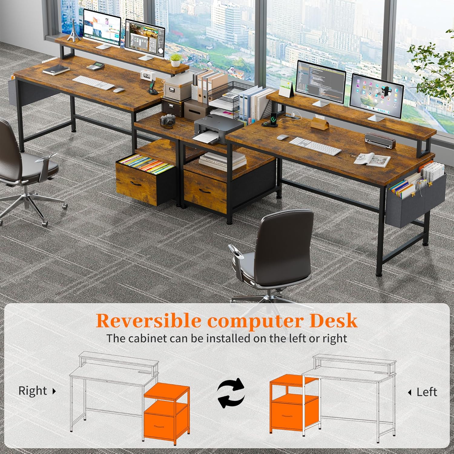 EnHomee 57" Office Desk with Drawers and Printer Space,Computer Desk with Power Outlets,Home Office Desks with File Drawers Cabinet,Study and Gaming Desk with Shelves Monitor Stand,Rustic Brown