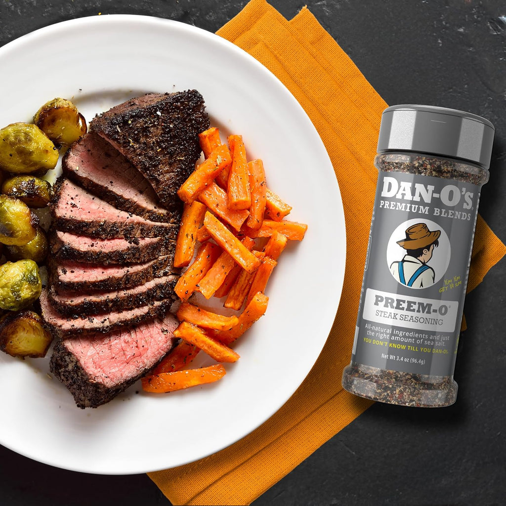 Dan-O's Preem-O Seasoning, 2.5 oz Bottle, Meat Seasoning for Steak, Ribs, Chicken, Brisket and More, Sugar Free, Zero Calorie, Use this Spice Blend to Craft a Marinade, Dry Rub or Sauce