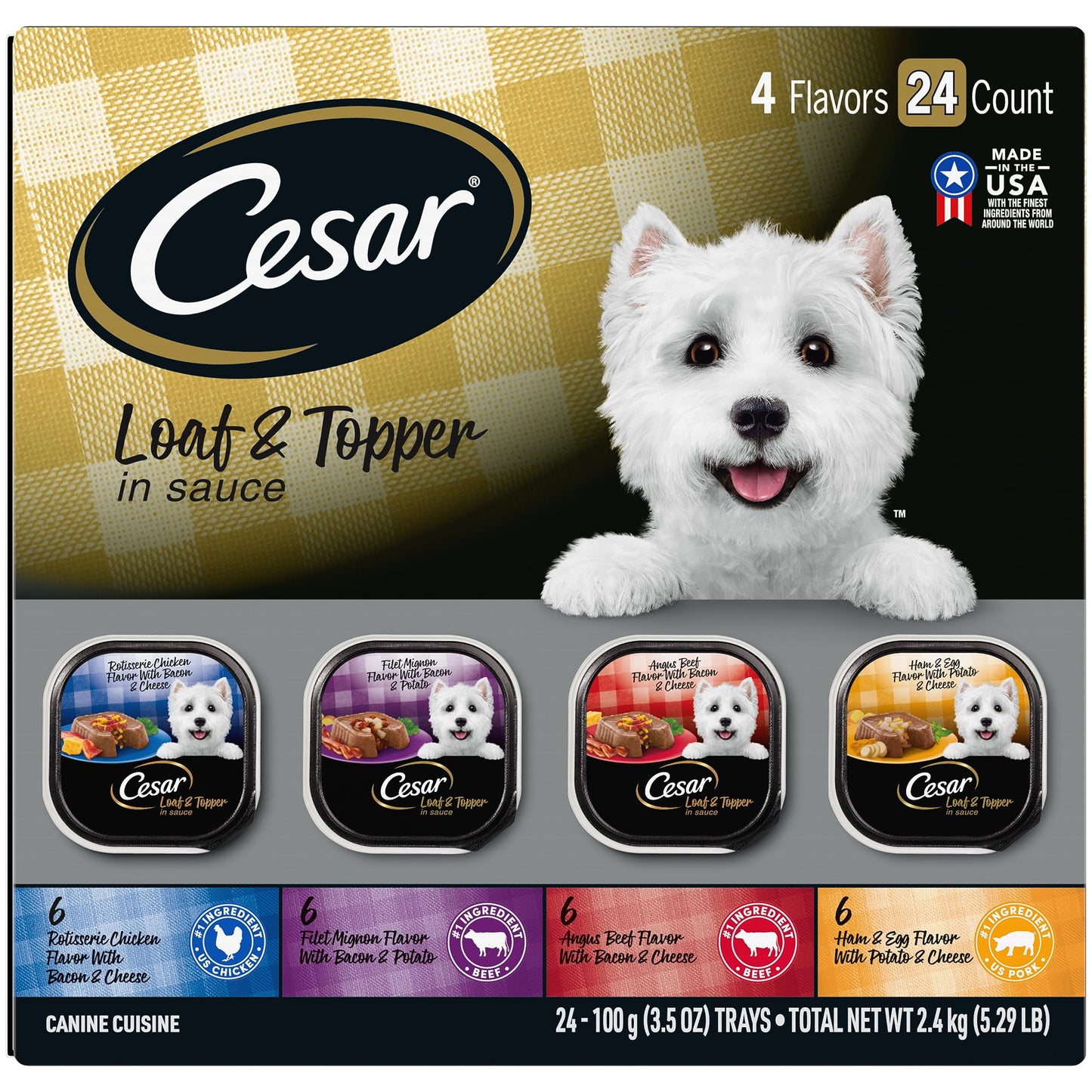 Cesar Loaf in Sauce Wet Dog Food Rotisserie Chicken, Filet Mignon, Angus Beef, and Ham & Egg Flavors Variety Pack, 3.5 oz. Easy Peel Trays (24 Count, Pack of 1)